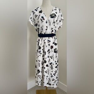 EUC Ann Taylor White Midi Dress with Black and Multi Floral Pattern M